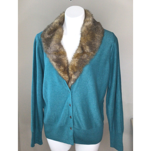 Cabi Teal "Tearoom" Cardigan with Removable Faux Fur Collar #3018 Size XL - Picture 1 of 13